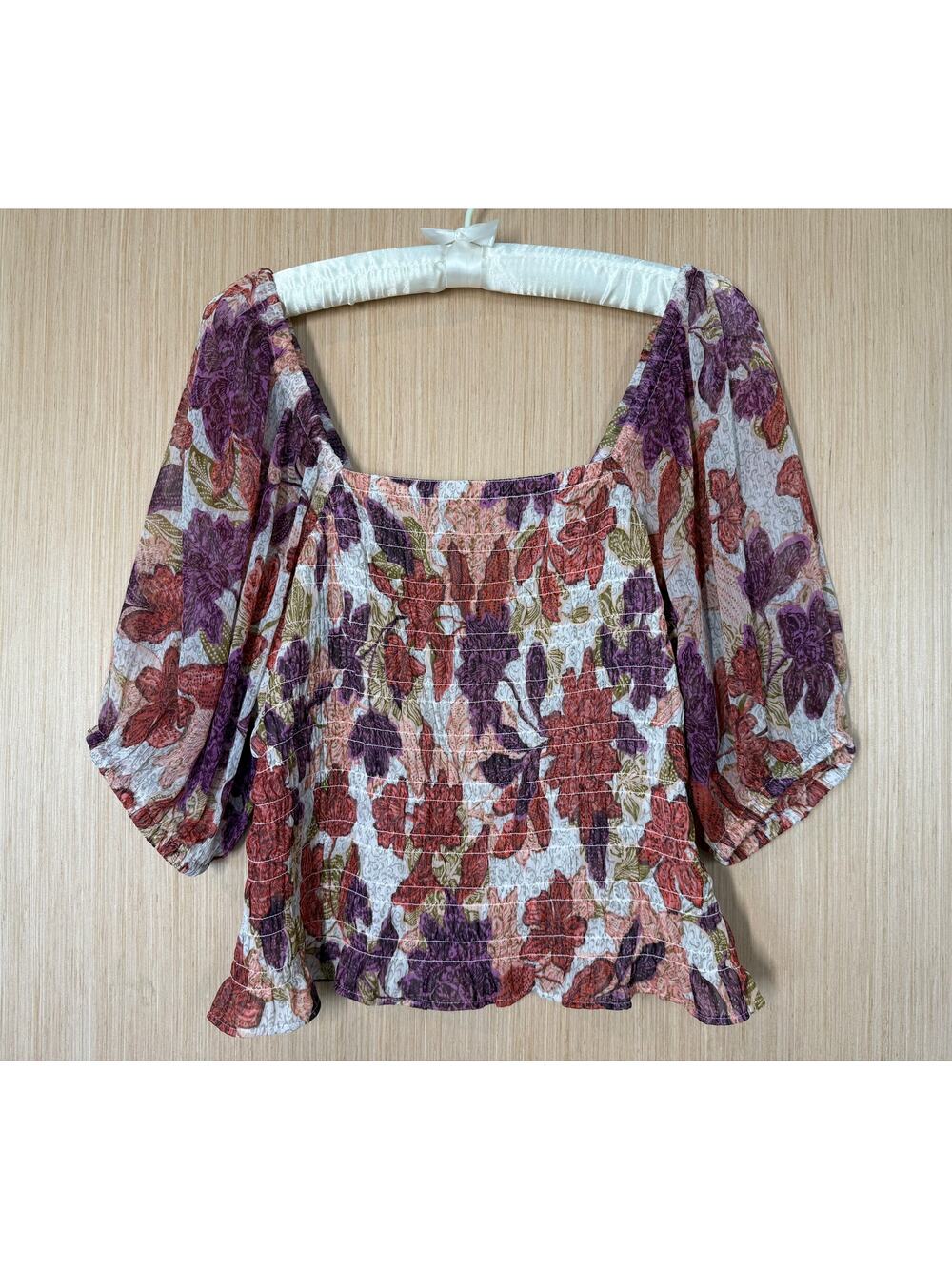 Old Navy Puff Sleeve Autumn Leaves Smocked Top Size Large Cottagecore Peasant